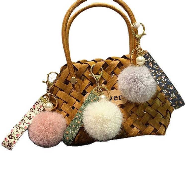 Plush Floral Ribbon Pom Keychain