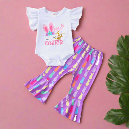 Cotton Children's Sleeve Candy Flower Colored Trumpet Pants Set
