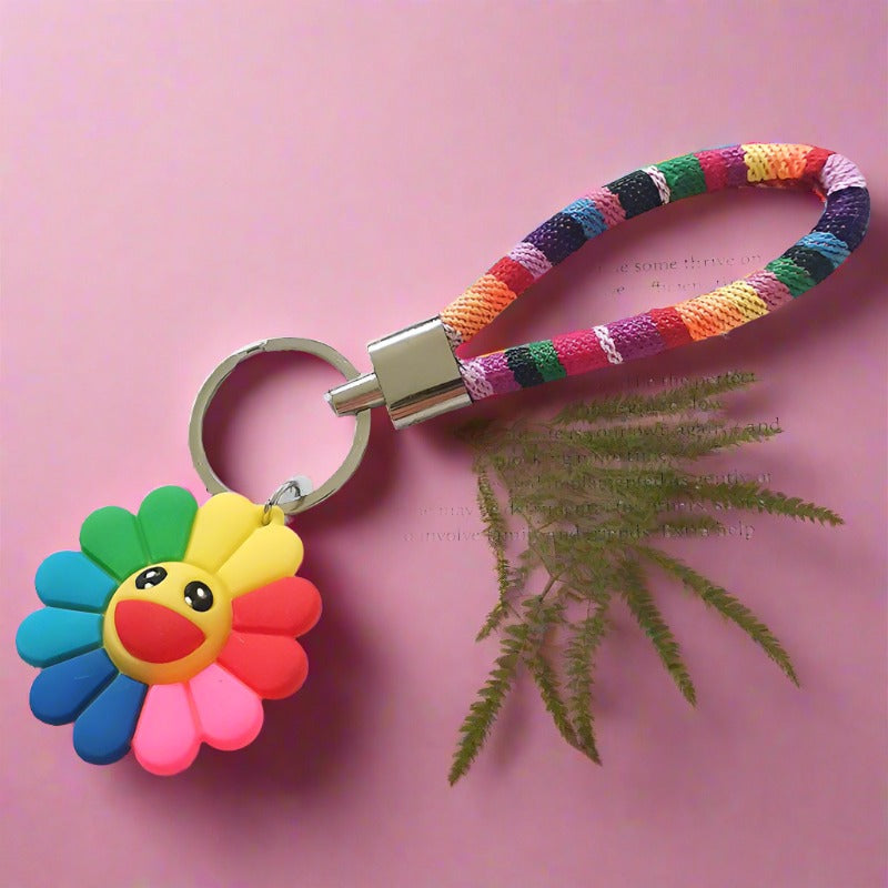 Cute Rainbow Sunflower Smiley Face Keychain PVC Silicone
