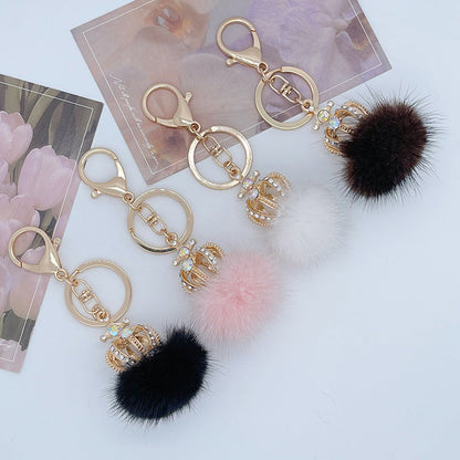 Diamond Studded Mink Fur Ball Crown Keychain