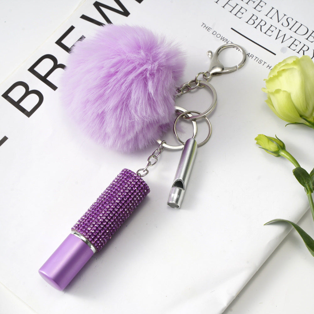 Fur Ball Rhinestone Perfume Bottle Whistle Combination Keychain