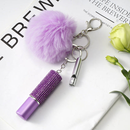 Fur Ball Rhinestone Perfume Bottle Whistle Combination Keychain