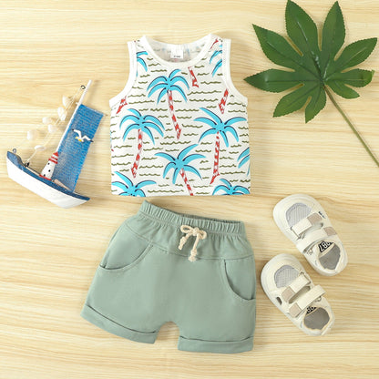 Summer Beach Style Printed Tank Top Shorts Cotton Baby Set