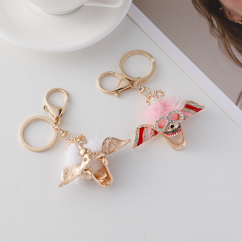 Diamond Inlaid Plush Skull Metal Keychain