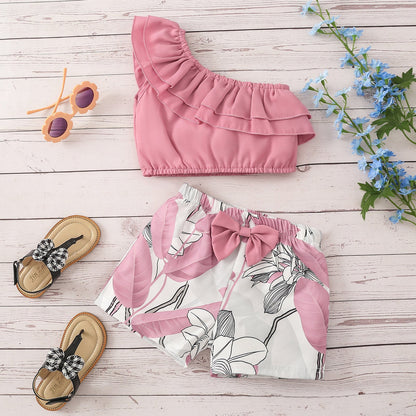 Cotton Solid Color Slanted Collar Top and Shorts Set