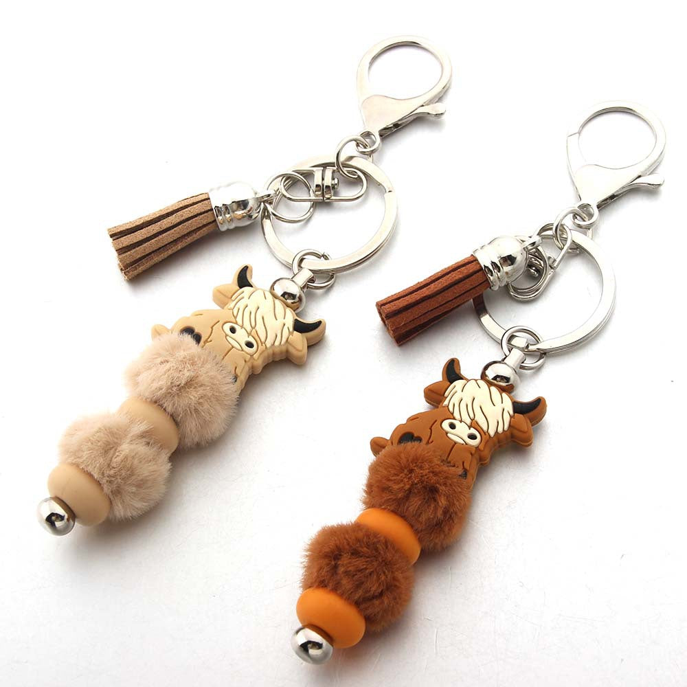 Cartoon Cow Hair Ball Silicone Beaded Keychain