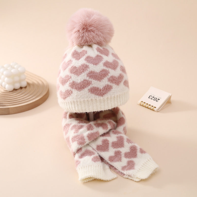 Wholesale Baby Love Knitted Hat Scarf Winter Warm Suit