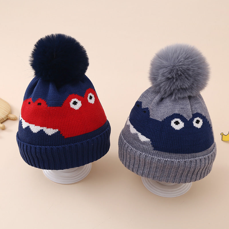 Wholesale Children's Dinosaur Knitted Hat Plus Velvet and Thickened Cartoon Woolen Hat