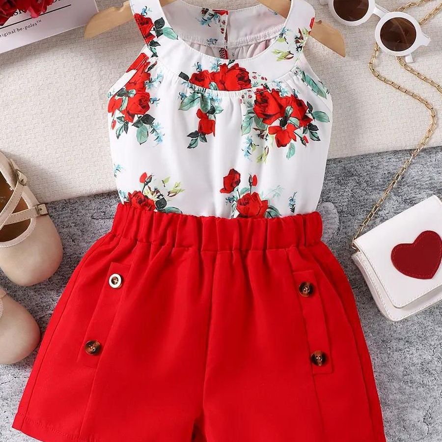 Round Neck Rose Print Top Shorts Two-piece Baby Clothes