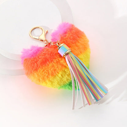 Metal Rainbow Heart Pom Keychain