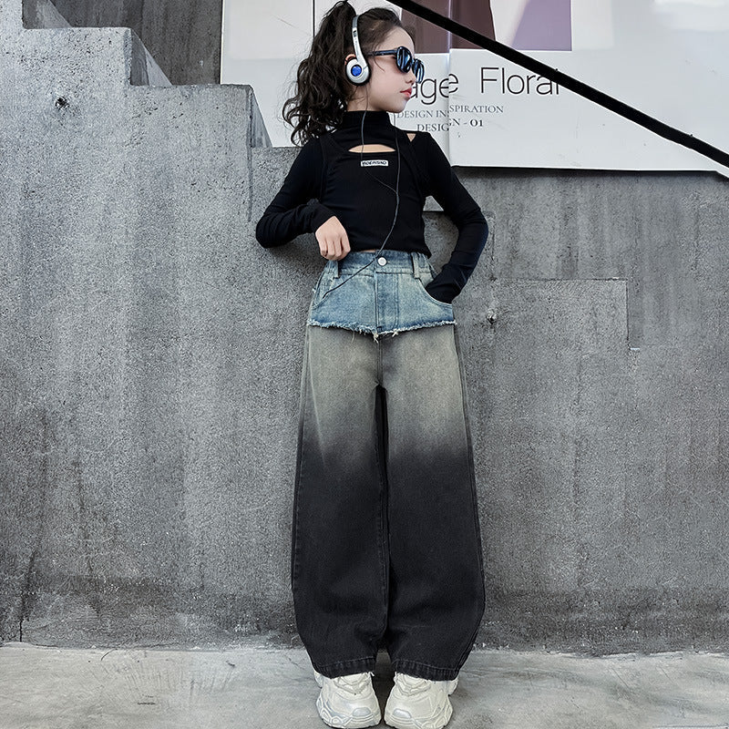 Wholesale Children's Waistband Contrasting Raw Edge Gradient Straight Wide Leg Cotton Jeans
