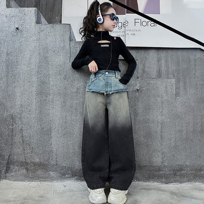 Wholesale Children's Waistband Contrasting Raw Edge Gradient Straight Wide Leg Cotton Jeans