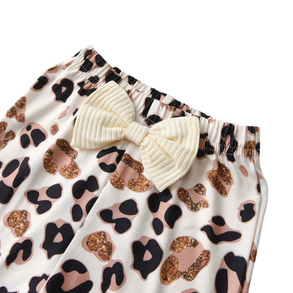 Wholesale Cotton Children's Tops Leopard Print Flared Pants Set
