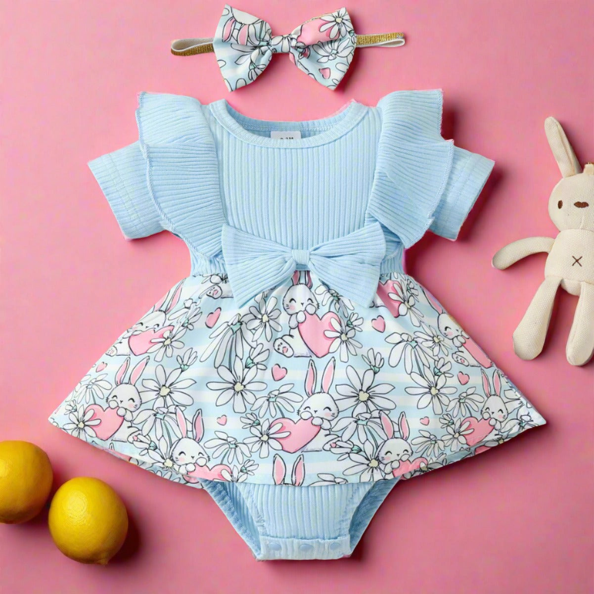 Easter Cotton Baby One Piece Rabbit Ripple Bow Dress