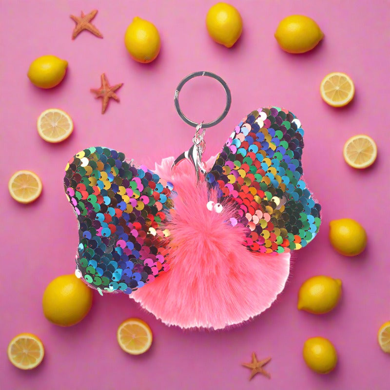 Color Sequin Bow Hair Ball Keychain