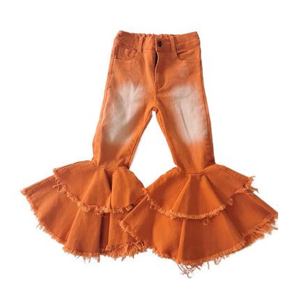 Polyester Slim Fit Kids Girls Jeans Double Layer Flares