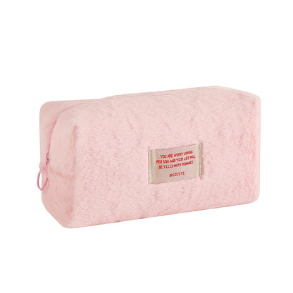Girls Plush Solid Color Makeup Bag Large Capacity Stationery Storage Bag