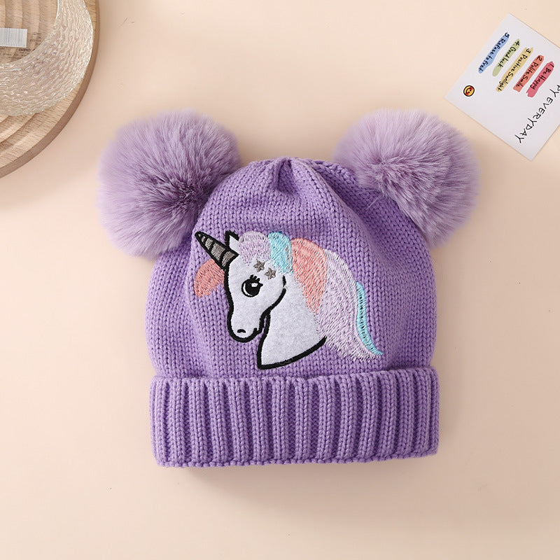 Children's Winter Knitted Hat Unicorn Double Ball Woolen Hat