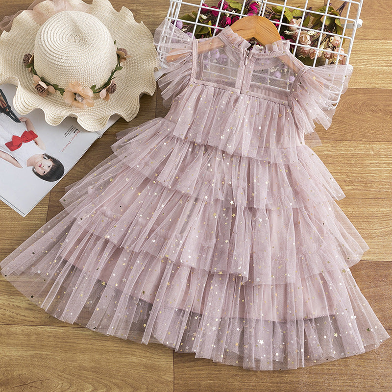 Girls Summer Star Sequin Cake Mesh Tutu Skirt