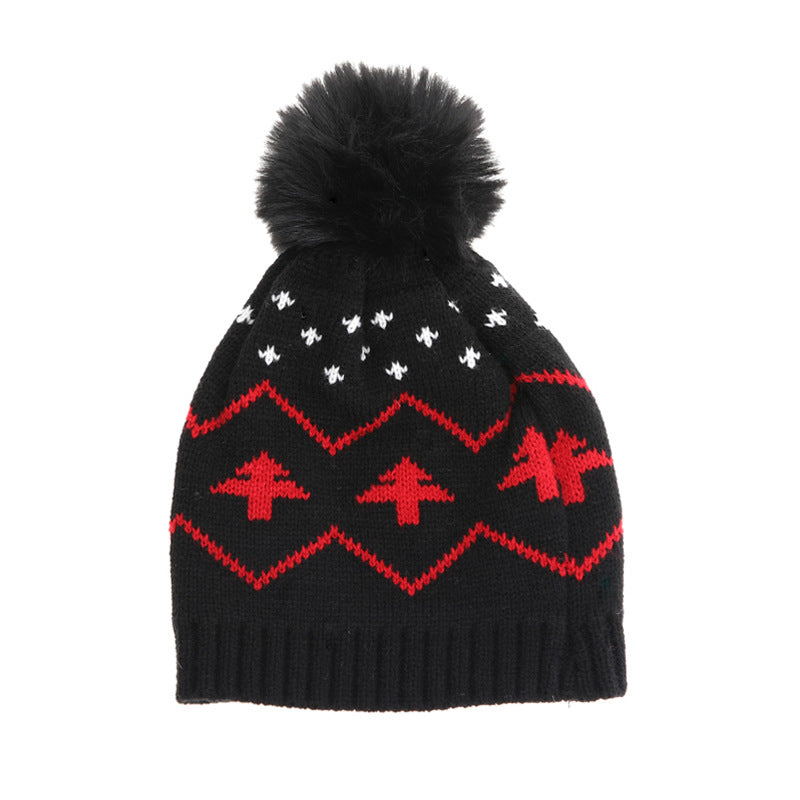 Wholesale Children's Warm Hat Fur Ball Christmas Tree Jacquard Knitted Hat