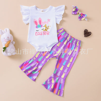 Cotton Children's Sleeve Candy Flower Colored Trumpet Pants Set