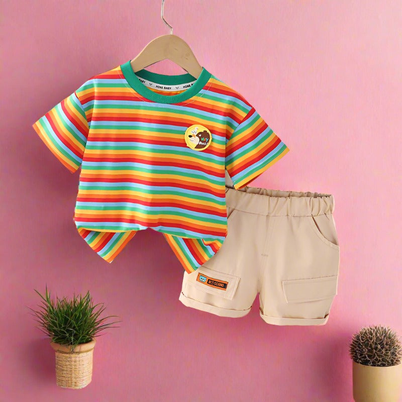 Boys' Summer Striped Short Sleeved Cotton Two-piece Set