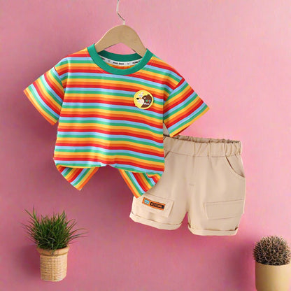 Boys' Summer Striped Short Sleeved Cotton Two-piece Set