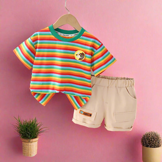 Boys' Summer Striped Short Sleeved Cotton Two-piece Set