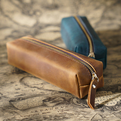 Handmade Cowhide Pen Large Capacity Storage Bag Zipper Pen Bag