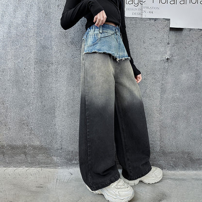 Wholesale Children's Waistband Contrasting Raw Edge Gradient Straight Wide Leg Cotton Jeans