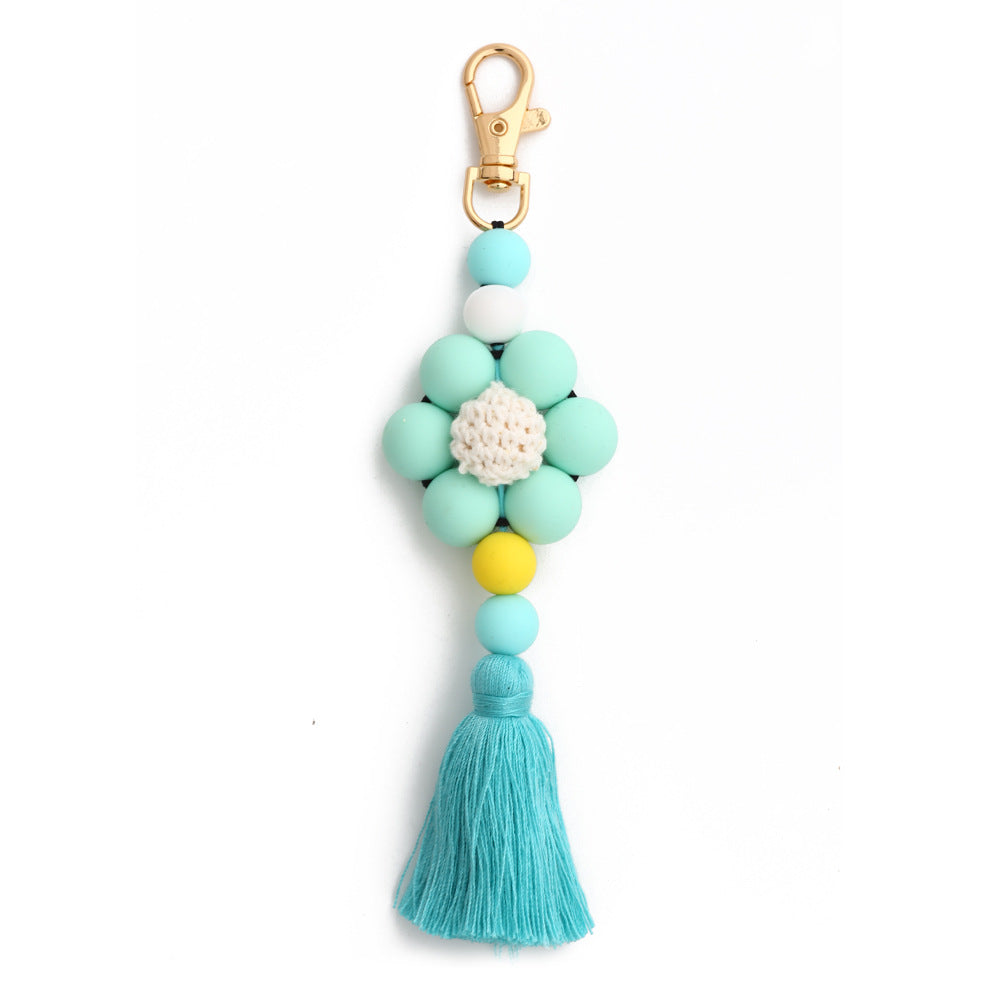 Leopard Print Sunflower Silicone Beaded Tassel Keychain