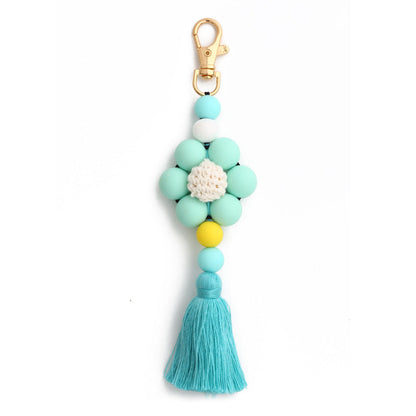Leopard Print Sunflower Silicone Beaded Tassel Keychain