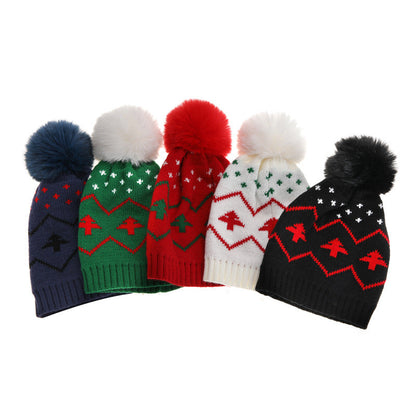 Wholesale Children's Warm Hat Fur Ball Christmas Tree Jacquard Knitted Hat