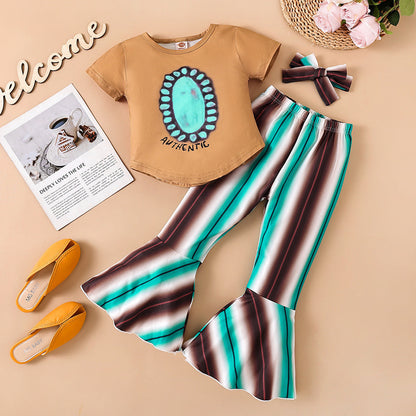 Polyester Tops Flare Pants Two Piece Children's Clothing Set