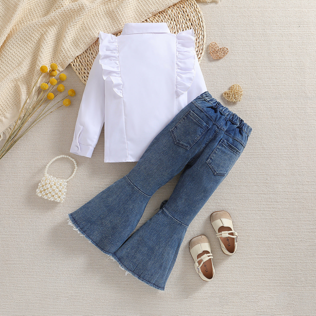 Wholesale Polyester Children's Long Sleeve Shirt Denim Bell Bottoms Two Piece Set