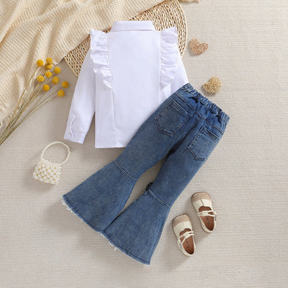Wholesale Polyester Children's Long Sleeve Shirt Denim Bell Bottoms Two Piece Set
