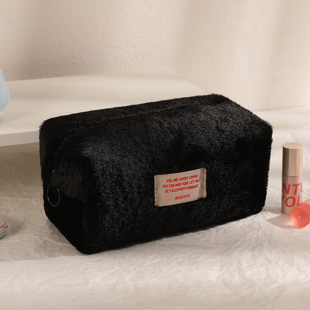 Girls Plush Solid Color Makeup Bag Large Capacity Stationery Storage Bag