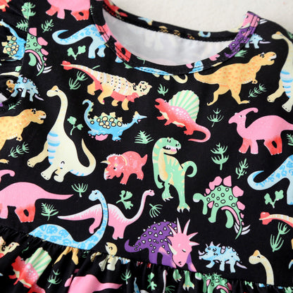 Girls Colorful Dinosaur Cotton Princess Dress Baby Clothes