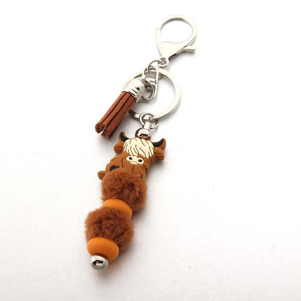 Cartoon Cow Hair Ball Silicone Beaded Keychain