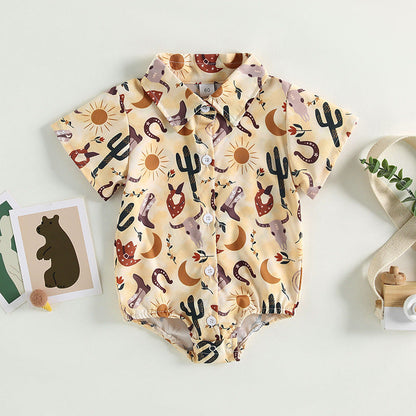 Cotton Boys Shirt Aztec Western Style Denim Cactus Jumpsuit