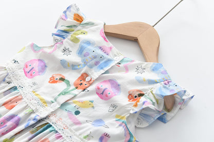 Girls Flying Sleeves Round Neck Vest Cotton Dress Baby Clothes