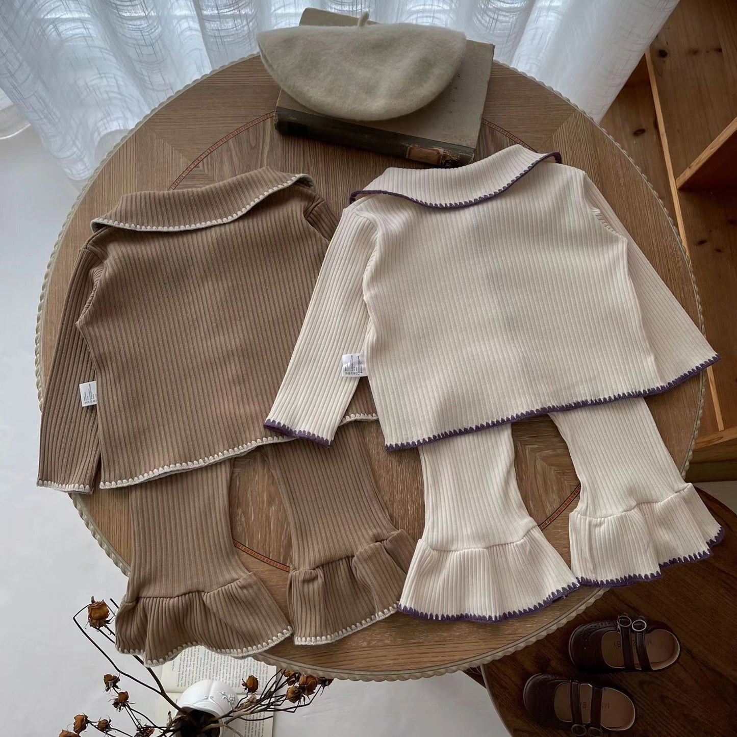 Wholesale Cotton Kids Knitted Separate Suit Contrast Color Cardigan Flare Pants