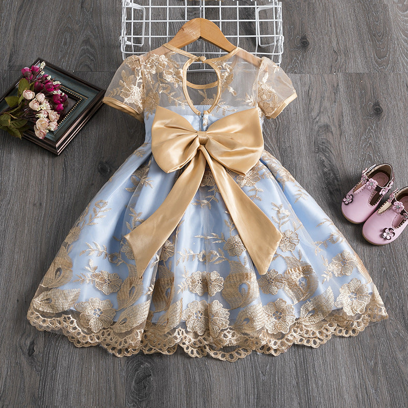 Polyester Girls Dress Bow Embroidered Princess Dress