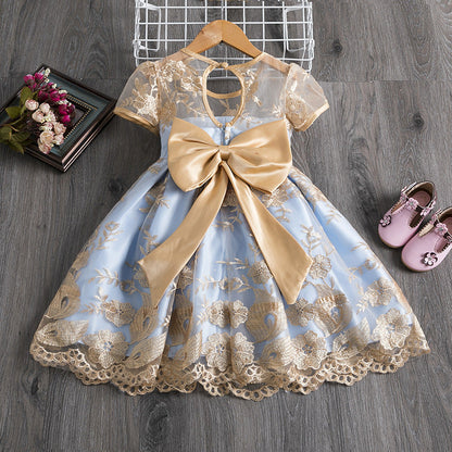 Polyester Girls Dress Bow Embroidered Princess Dress