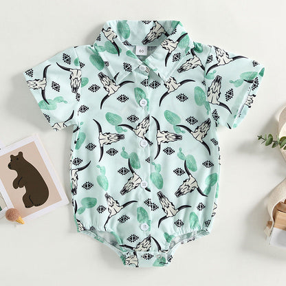 Cotton Boys Shirt Aztec Western Style Denim Cactus Jumpsuit