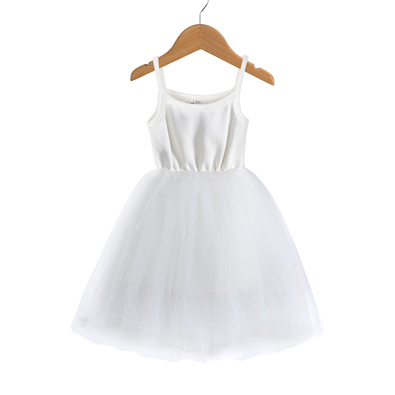 Girls Suspenders Rib Splicing Mesh Princess Dress
