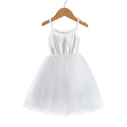 Girls Suspenders Rib Splicing Mesh Princess Dress