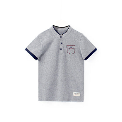Small and medium-sized children's stand collar open chest short sleeve T-shirt boys' cotton top