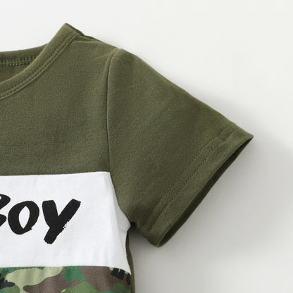 Cotton Camouflage Letter Print Short Sleeve Top Solid Color Shorts