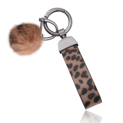 Leopard Print Fur Ball Leather Keychain